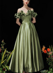 Green Satin Off Shoulder Long Party Dress, Green Long Prom Dress