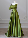 One Shoulder Green Satin Long Party Dress, Off Shoulder Prom Dress