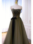 Green Scoop Tulle A-line Long Prom Dress Party Dress, Green Evening Dress
