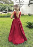 Wine Red Satin V-neckline Long Party Dress, Wine Red Prom Dress