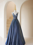 Fashionable A-Line Blue Straps V-Neckline Long Prom Dress, Blue A-Line Evening Dress