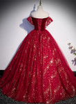 Wine Red Off Shoulder Tulle Long Party Dress, Wine Red Sweet 16 Dress