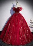 Wine Red Off Shoulder Tulle Long Party Dress, Wine Red Sweet 16 Dress