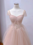 Pink Tulle Short Sleeves A-line Long Party Dress, Pink Tulle Prom Dress