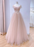 Pink Tulle Short Sleeves A-line Long Party Dress, Pink Tulle Prom Dress
