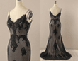 Black V neck Beaded Lace Evening dress, Lace Mermaid Prom Dress