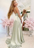 A-line Cowl Neck Long Light Green Prom Dress, Light Green Party Dress