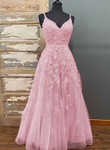 Pink V-neckline Tulle with Lace Straps Party Dress,Pink Tulle Prom Dress