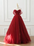Wine Red Tulle Floor Length A-Line Formal Dress, Off the Shoulder Evening Party Dress