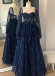 Navy Blue Lace Long Sleeves Party Dress, A-line Navy Blue Prom Dress