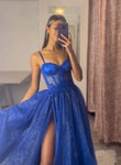 A-Line Sweetheart Neck Tulle Lace Blue Long Prom Dress, Blue Long Evening Dress