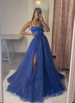 A-Line Sweetheart Neck Tulle Lace Blue Long Prom Dress, Blue Long Evening Dress