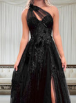 Black A-line Tulle One Shoulder Long Party Dress, Black Tulle Prom Dress
