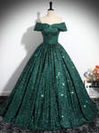 Green Sequins Off Shoulder Ball Gown Prom Dress, Dark Green Sweet 16 Dress