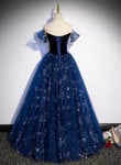 A-line Tulle Off Shoulder Beaded Long Party Dress, Navy Blue Tulle Prom Dress