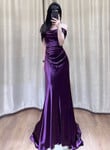Purple Satin Off Shoulder Long Evening Dress, Purple Satin Prom Dress