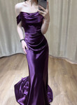 Purple Satin Off Shoulder Long Evening Dress, Purple Satin Prom Dress