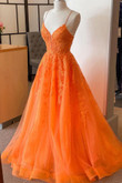 A Line V Neck Orange Lace Long Prom Dress, Orange Lace Formal Dress, Orange Evening Dress