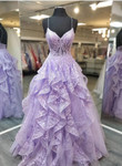 A-line Spaghetti Staps Purple Prom Dresses,Purple Lace Long Party Dress