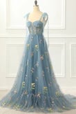 A-Line Blue-Grey Princess Prom Dress With Embroidery, Floral Lace Party Dress