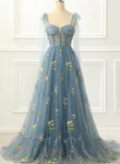 A-Line Blue-Grey Princess Prom Dress With Embroidery, Floral Lace Party Dress