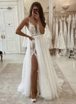 Beautiful Ivory Lace Long Wedding Dress,Lace Long Prom Dress