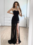 A-line Long Black Lace Prom Dress with High Slit, Black Lace Evening Dress
