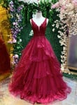 Wine Red Fluffy Tulle with Lace Long Prom Dress, Wine Red Evening Dress