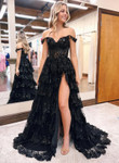 Black Off Shoulder Sweetheart Lace Long Prom Dress, Black Long Evening Dress