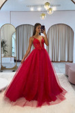 Red Tulle Tulle with Lace V-neckline Long Prom Dress, Red Tulle Party Dress
