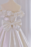 White Flowers Satin Off Shoulder Long Party Dress, White Wedding Dress