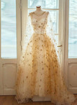 Lovely Champagne Stars A-Line Tulle Long Formal Dress, Champagne Prom Dress