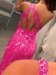 Hot Pink One Shoulder Sequins Mermaid Long Prom Dress, One Shoulder Pink Party Dress