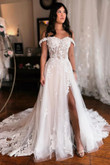 Ivory Tulle with Lace Long Prom Dress with Leg Slit, Ivory Long Evening Dress