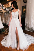 Ivory Tulle with Lace Long Prom Dress with Leg Slit, Ivory Long Evening Dress