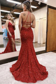 Wine Red Mermaid Halter Sequins Long Prom Dress with Silt, Sequins Party Dress