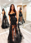 Black Tulle Sweetheart with Lace Long Prom Dress, Black Evening Dress