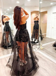 Black Tulle Sweetheart with Lace Long Prom Dress, Black Evening Dress