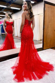 Beautiful Red Strapless Lace Long Prom Dress, Mermaid Evening Party Dress