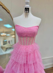Pink Strapless Tulle Sparkle Floor Length Prom Dress, Beautiful A-Line Evening Party Dress