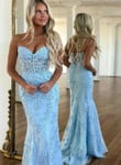 Light Blue Lace Mermaid Sweetheart Long Party Dress, Blue Prom Dress