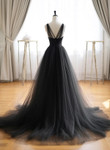 Black V Neck Tulle Long Prom Dresses, Black V Neck A-line Party Dress