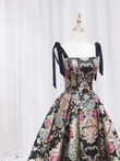 Black Satin Straps A-line Floral Long Formal Dress, Black Evening Dress