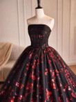 Black and Red Floral Tulle Long Party Dress, Strapless Formal Sweet 16 Dress