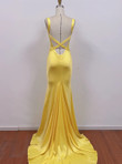 Chic Yellow Satin Mermaid Long Prom Dress, Yellow Low Back Party Dress