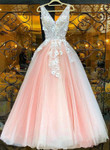 Pink V-neckline Tulle with Lace Long Party Dress, Pink Tulle Formal Gown