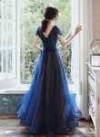 Navy Blue V-neckline Tulle Long Party Dress, Navy Blue Prom Dress