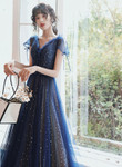 Navy Blue V-neckline Tulle Long Party Dress, Navy Blue Prom Dress