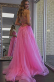 Hot Pink Lace Long Prom Dress, A-Line Backless Formal Evening Dress