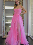 Hot Pink Lace Long Prom Dress, A-Line Backless Formal Evening Dress